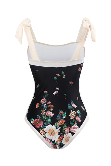 Vintage trykt sort badetøjssæt i ét stykke med strandnederdel